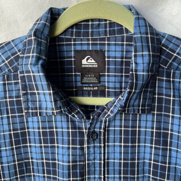 Quiksilver Men Size Large Blue White Plaid Button Up Pocket - Picture 3 of 6